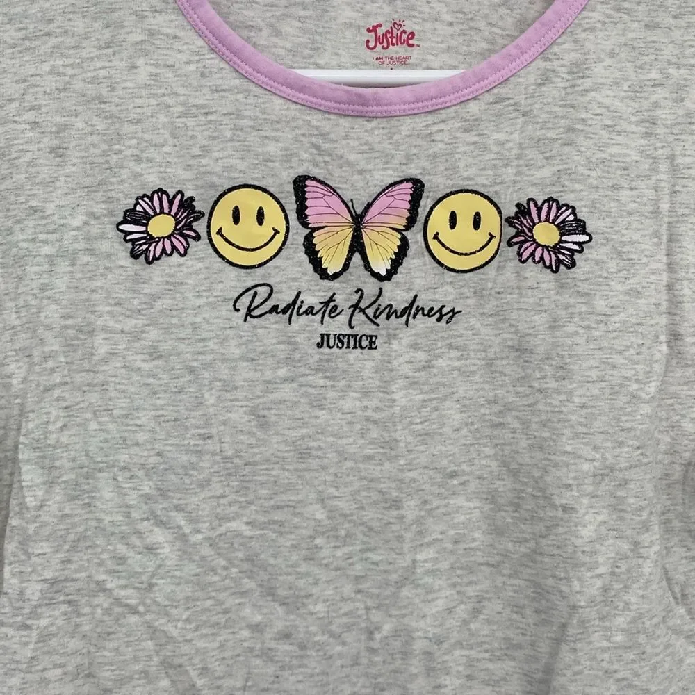 Justice Radiate Kindness Flower Smile Butterfly Cropped T-shirt Gray L 12-14